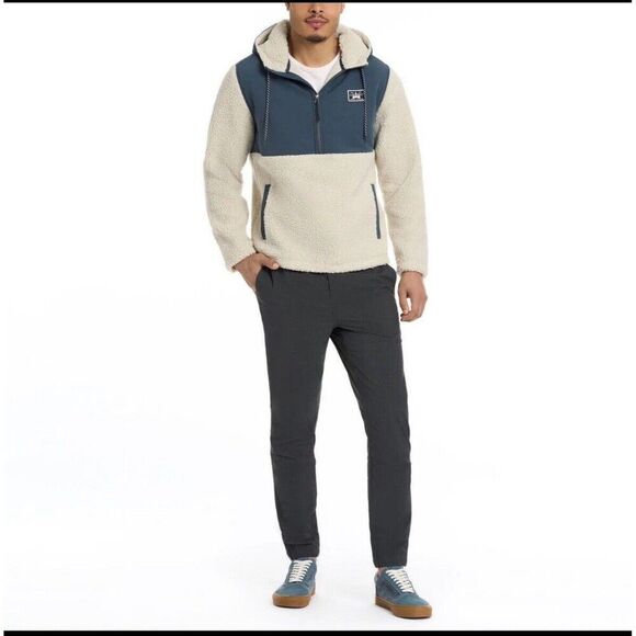 Hurley Half Zip Sherpa Anorak Hoodie Jacket Pullover, Bone/Navy, Size Large - Picture 2 of 13